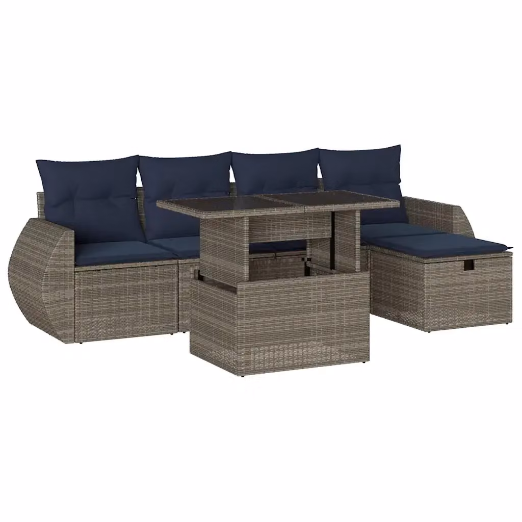 Set di divani da giardino vidaXL in polyrattan con cuscini grigi e blu, 6 pezzi – 2