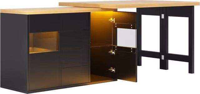 Dispensa da cucina Chicfurn con 4 cassetti, ante in vetro e illuminazione LED integrata, piano girevole 360 gradi, colore nero, L/P/H: 120 x 40 x 73.8 cm