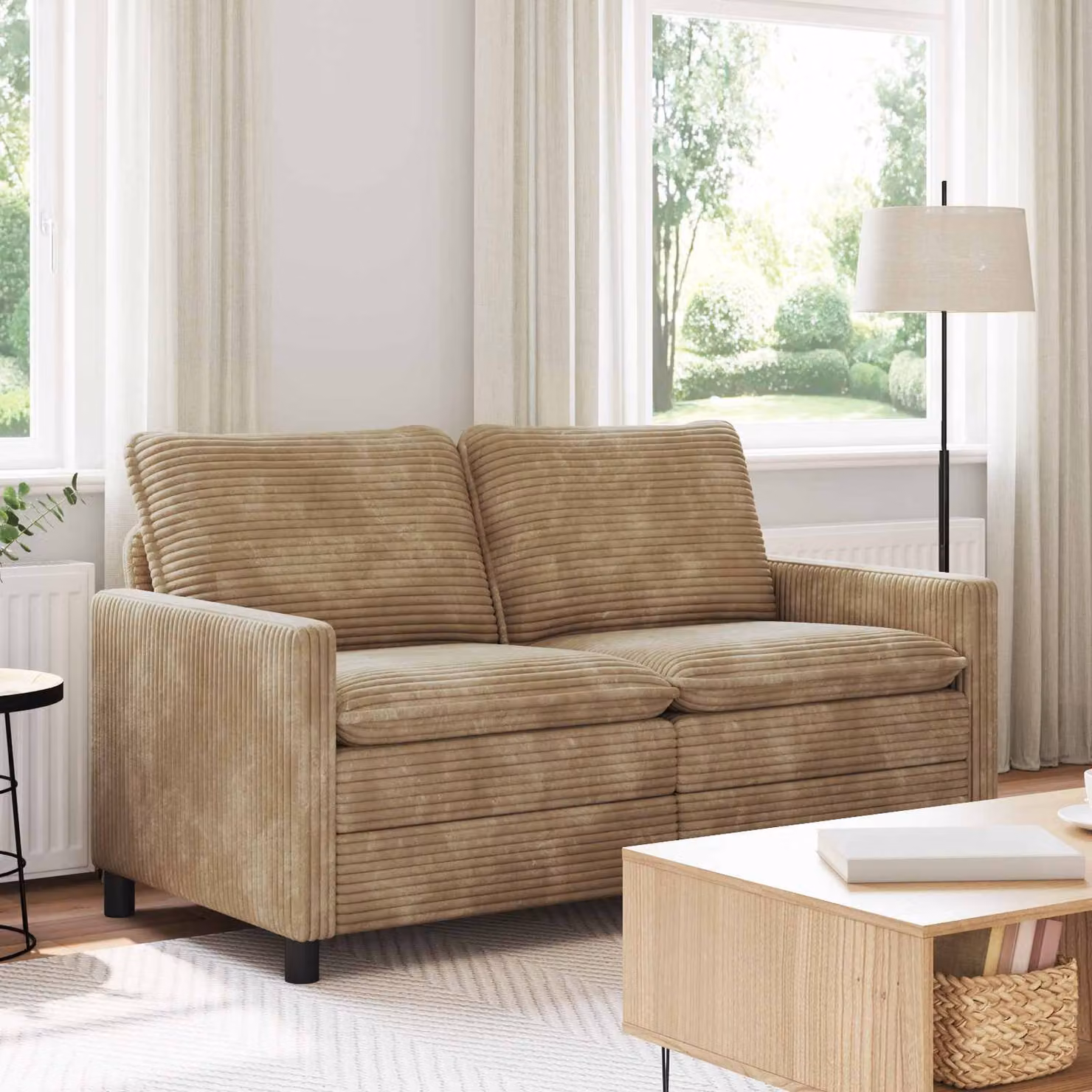 Divano moderno vidaXL beige con struttura in metallo e rivestimento in tessuto, L: 156 cm, P: 81 cm, H: 87,5 cm