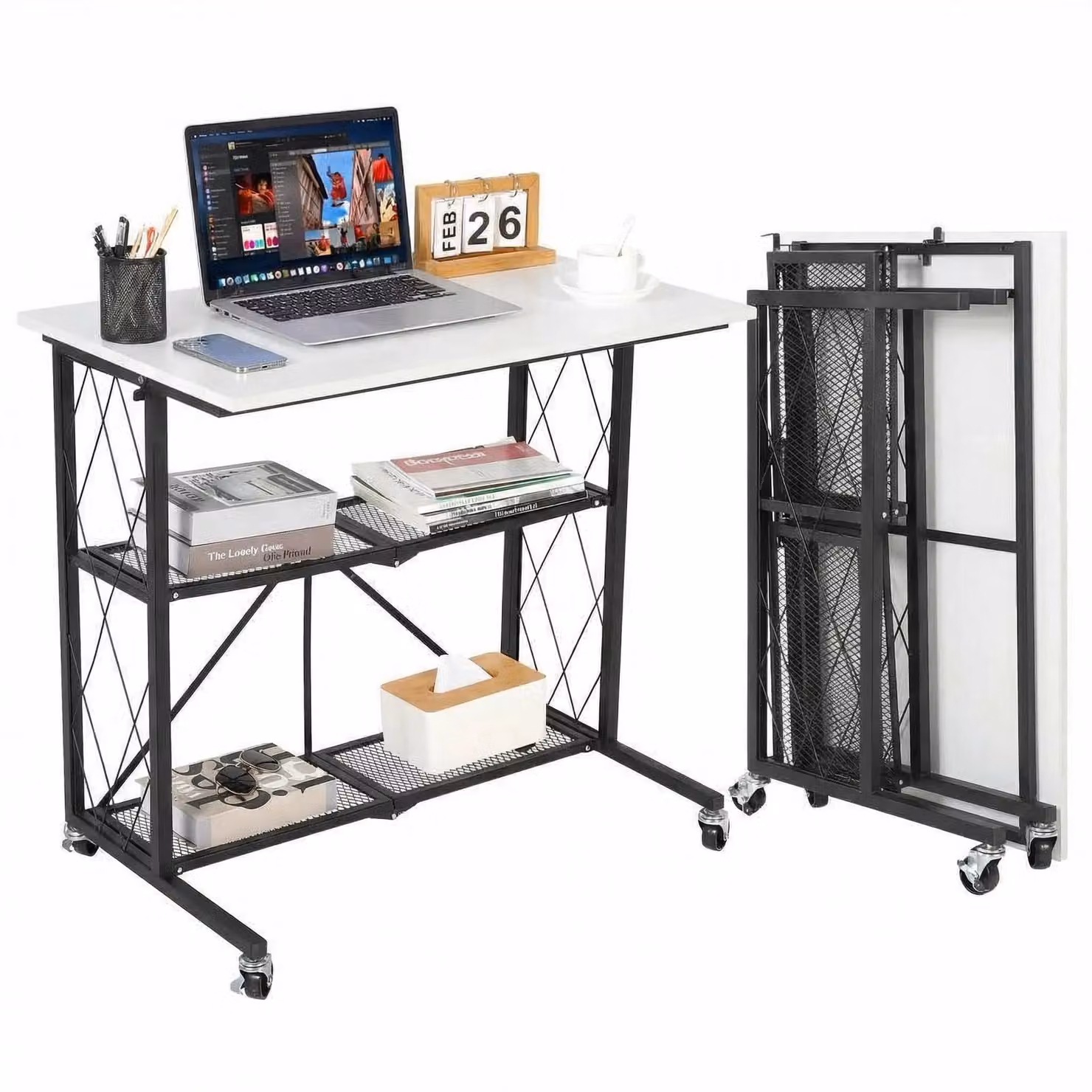 Scrivania su ruote - Scrivania pieghevole per computer - Scaffale a 3 ripiani con spazio contenitivo - Struttura in metallo con piano in legno - Scrivania per laptop, ideale per ufficio e casa - Colore: bianco