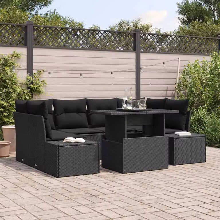 Set Divano da Giardino vidaXL in Polyrattan Nero con Cuscini e Tavolino da Caffè