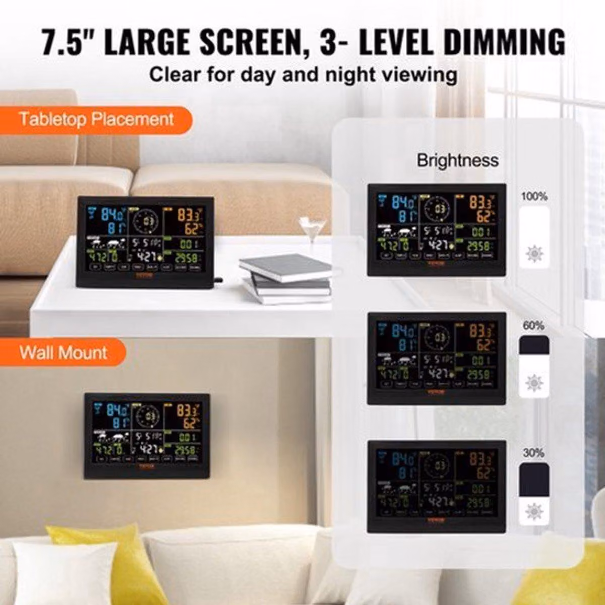 Stazione meteorologica wireless 7-in-1, display a colori da 7,5 pollici, per interni ed esterni, alimentata a energia solare