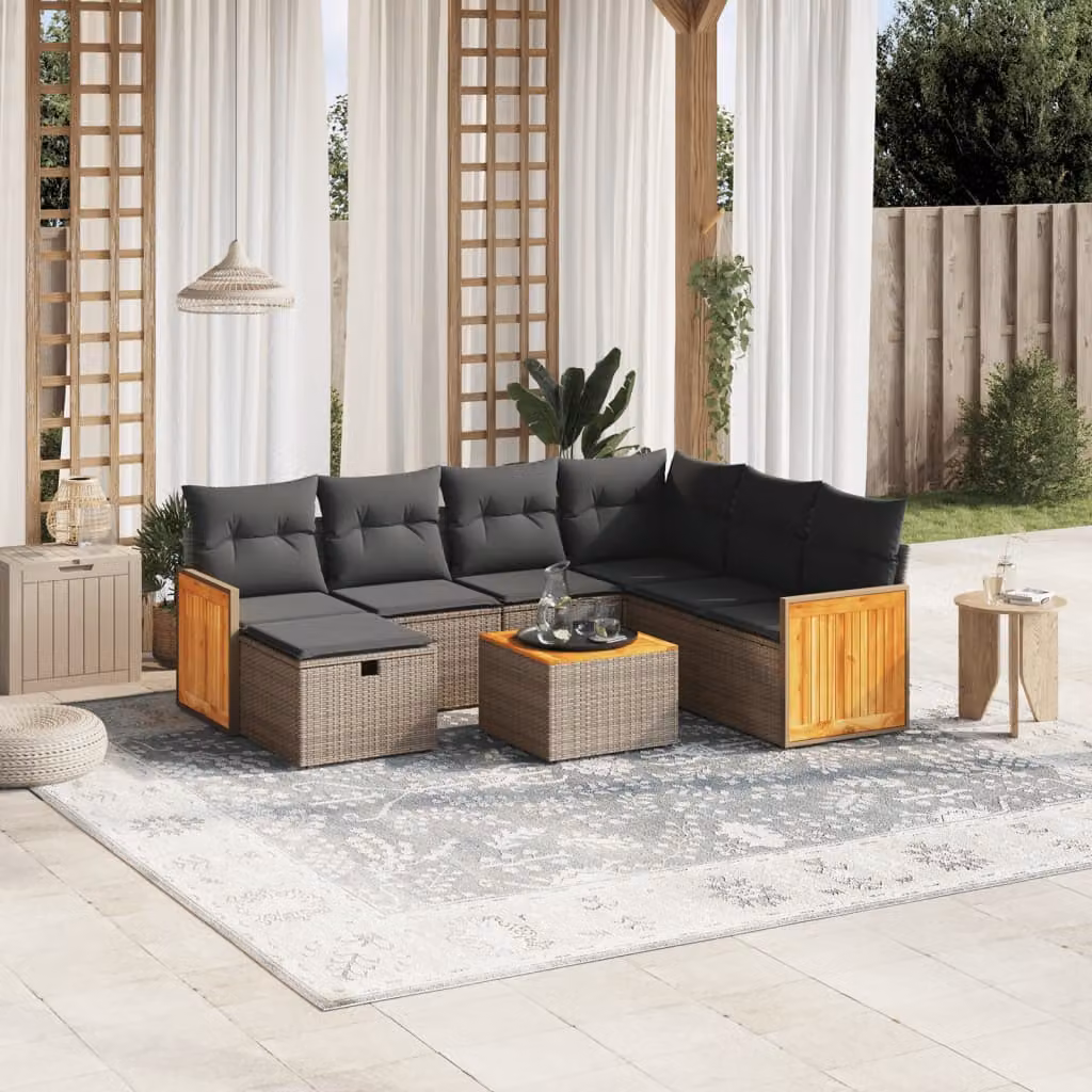vidaXL Set Divano da Giardino a L 8 pz Grigio con Cuscini Imbottiti e Tavolino in Polyrattan e Acciaio – 1