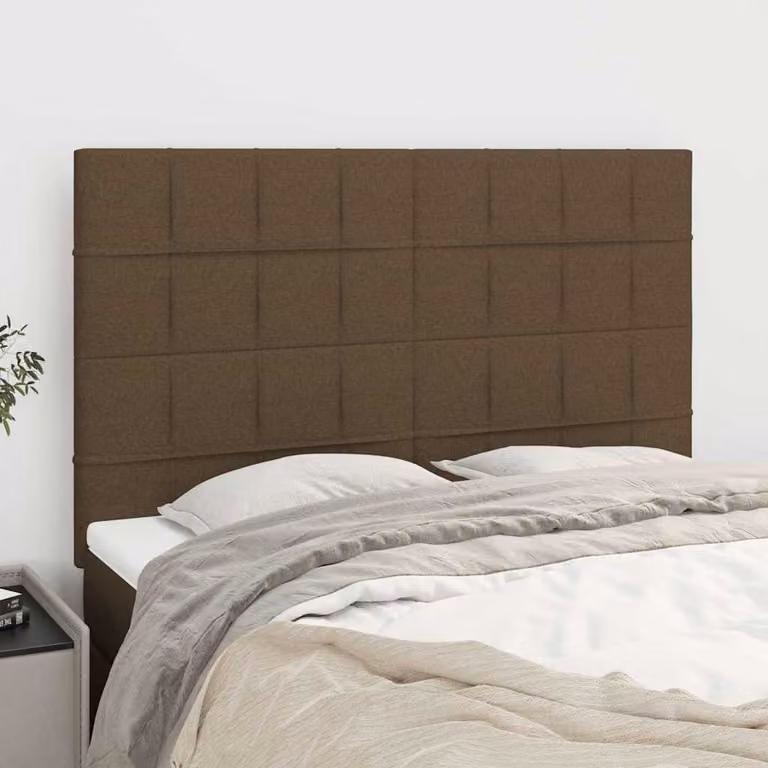 Testiera per letto vidaXL in tessuto marrone scuro con struttura in legno di larice, L: 144 cm, P: 5 cm, H: 118/128 cm