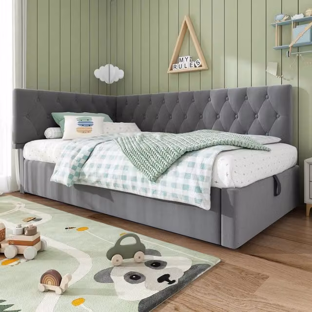 Divano letto 90x190 letto contenitore idraulico in velluto grigio con schienale a L
