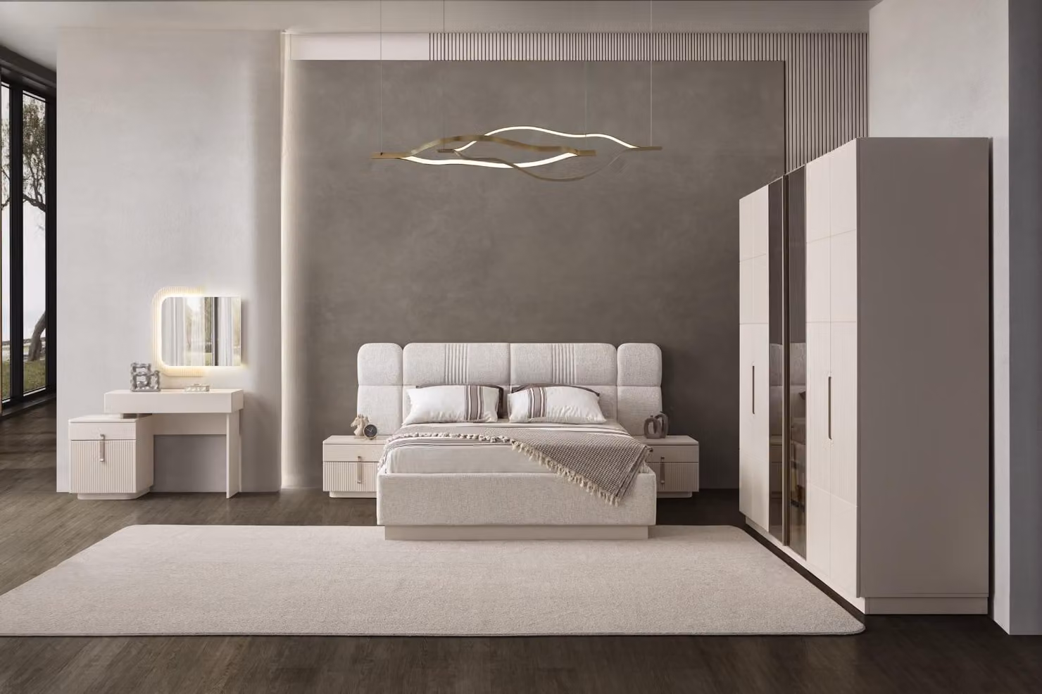 Beige Schlafzimmer Garnitur Edles Bett Holzschrank Schminktisch