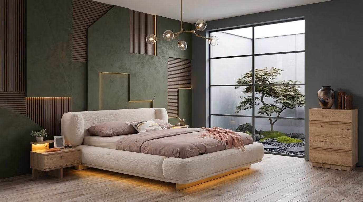 Bett con 2 comodini e cassettiera, stile moderno, colore beige