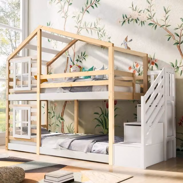 Letto a Castello a Capanna 90x200 cm in Legno Massello con Scala Contenitore e Protezione Anticaduta; Naturale e Bianco