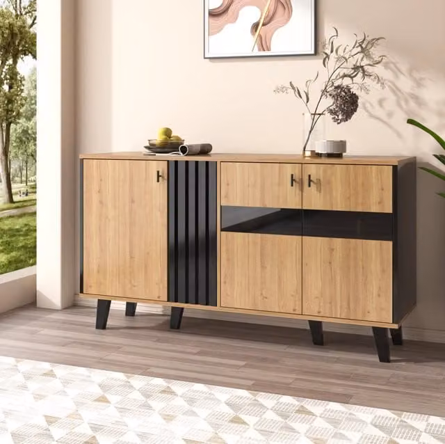 Madia a 3 ante con LED; ripiani e anta in vetro; 140 x 78;5 x 41 cm