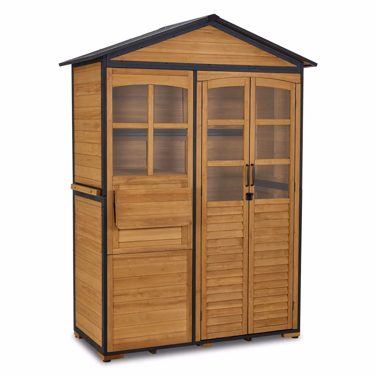 M MCombo Armadio da giardino in legno con struttura in metallo e 3 ripiani, ripostiglio per attrezzi resistente alle intemperie, casetta da giardino impermeabile, armadio contenitore, 0937