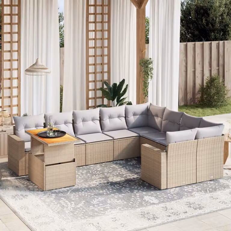 vidaXL Set Divano da Giardino 10 pz a Forma di L in Polyrattan con Cuscini Beige e Grigio e Tavolino da Esterno