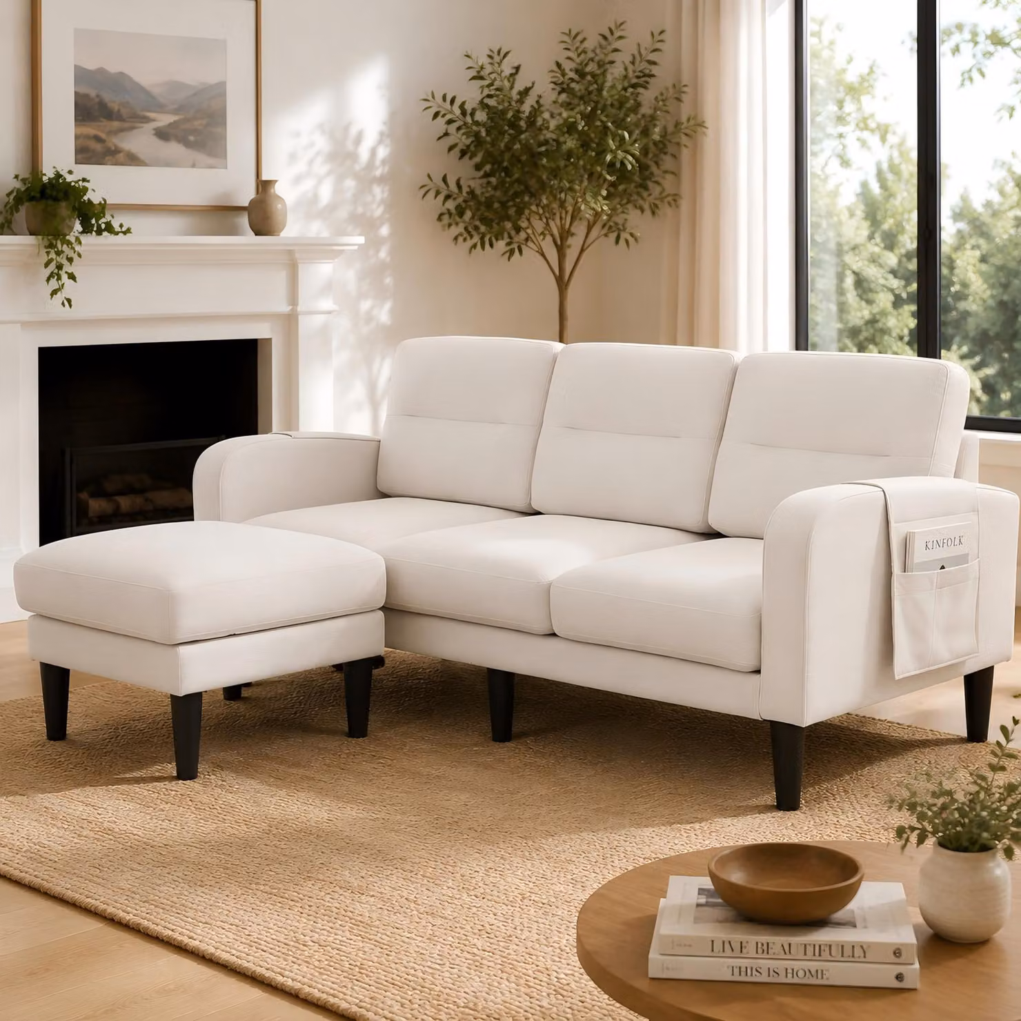 Divano ad angolo a L Merax a 3 posti con chaise longue e 6 tasche laterali, divano ad angolo modulare con cuscini sfoderabili e 10 robuste gambe, beige