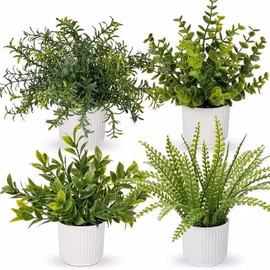Collezione di fiori artificiali in plastica, disponibili in diverse dimensioni e modelli, ideali per l'arredamento della casa, come decorazioni da tavola e per l'arredamento del bagno.