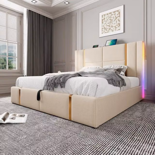 Letto matrimoniale imbottito 140 × 200 cm con contenitore LED USB tipo C in lino beige con rete a doghe