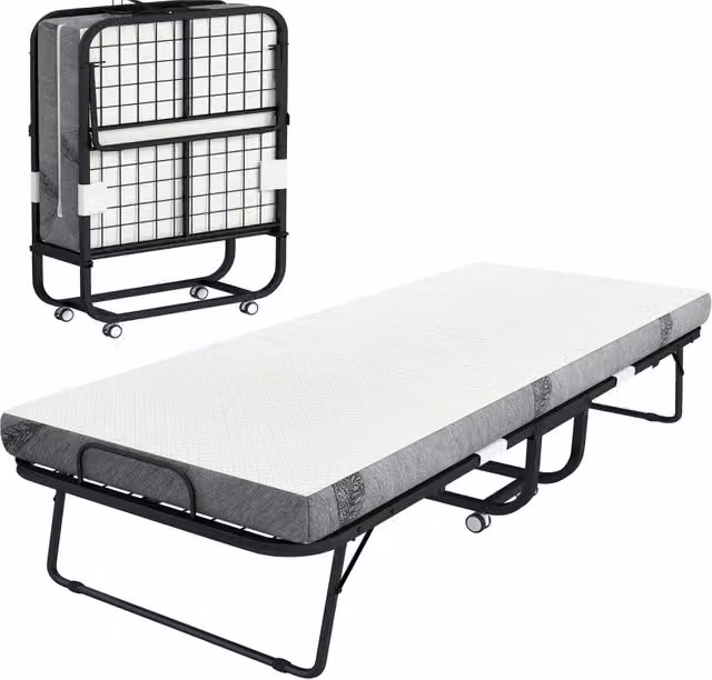 Letto per ospiti, letto pieghevole, letto da viaggio con ruote, materasso, acciaio, bianco+nero