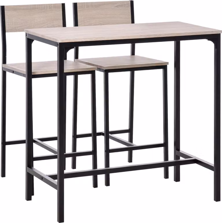 Set da bar composto da tavolo e 2 sedie, 3 pezzi, sedie da bar in MDF nei colori naturale e nero, 89x45x87 cm, per cucina e zona pranzo