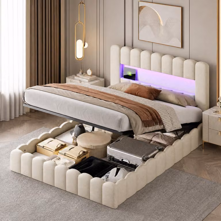Letto imbottito INONEFT 160x200 cm con LED, contenitore nella testiera, letto a molle, letto matrimoniale con sistema di sollevamento idraulico e rete a doghe, letto per ragazzi, colore: lino, beige