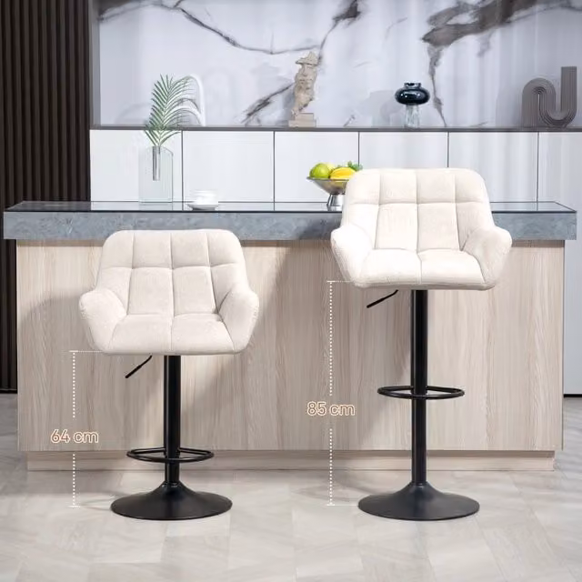 Set di 2 sgabelli da bar WISHDOR girevoli e regolabili in altezza, effetto tessuto beige e nero con struttura in metallo e base cilindrica