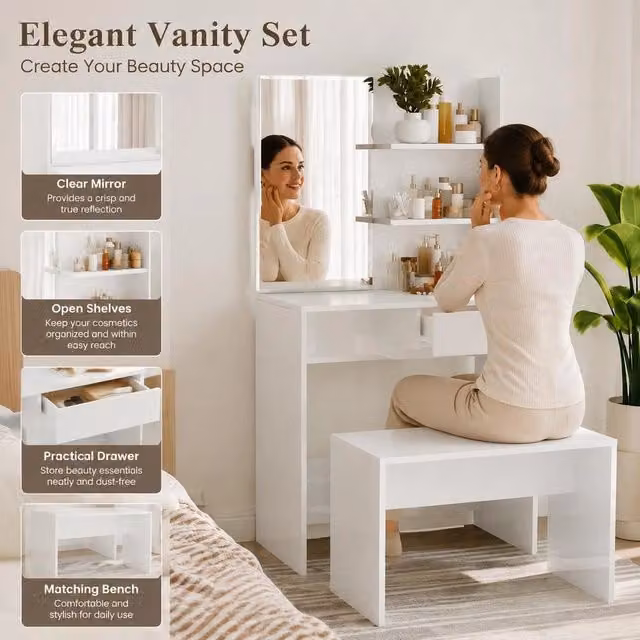 Dressing Table With Mirror, High-gloss White, 74.5x40x141 Cm