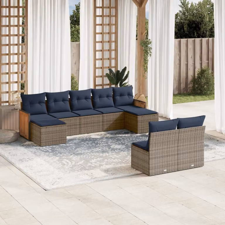 Set di divani da giardino vidaXL in polyrattan 9 pezzi con cuscini grigi e blu, design moderno a forma di U per esterno con struttura in acciaio e legno di acacia