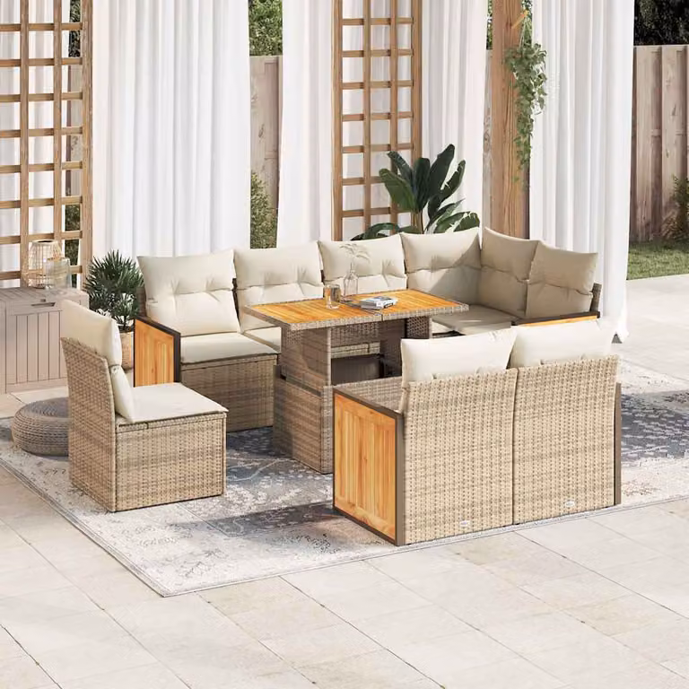 Set Divano da Giardino vidaXL 9 pz a Forma a L con Cuscini Beige in Polyrattan e Legno di Acacia
