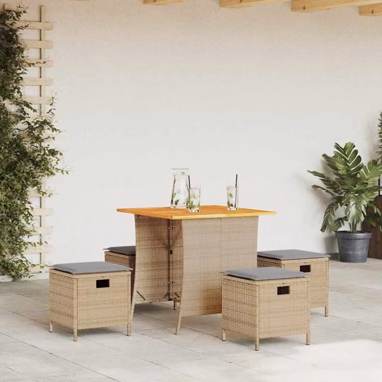Set da pranzo da giardino vidaXL in polyrattan con cuscini beige e tavolo in legno di acacia