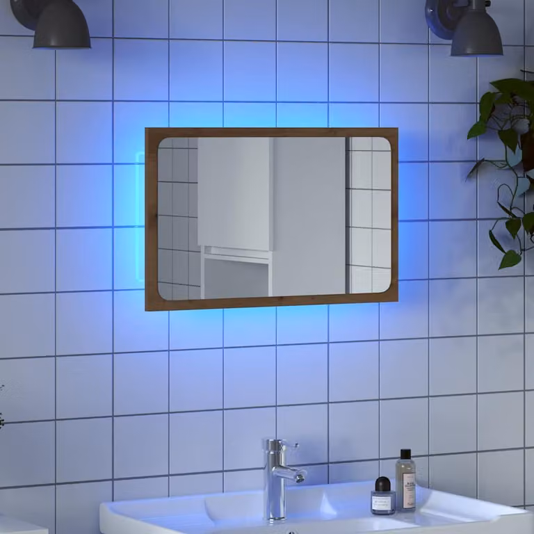 Specchio da bagno con luci LED vidaXL in legno color marrone, rettangolare, L: 60 cm, P: 8,5 cm, H: 38 cm