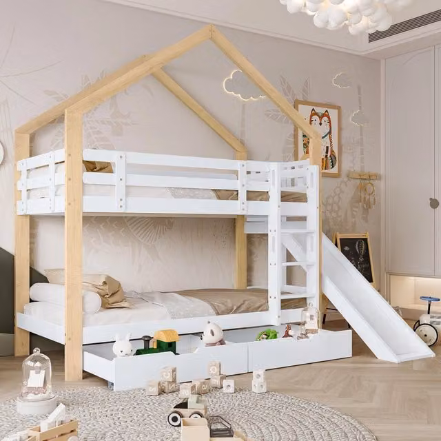 Letto a castello casetta 90×200 cm per bambini con scivolo, scala a 3 gradini, cassetti, senza materasso