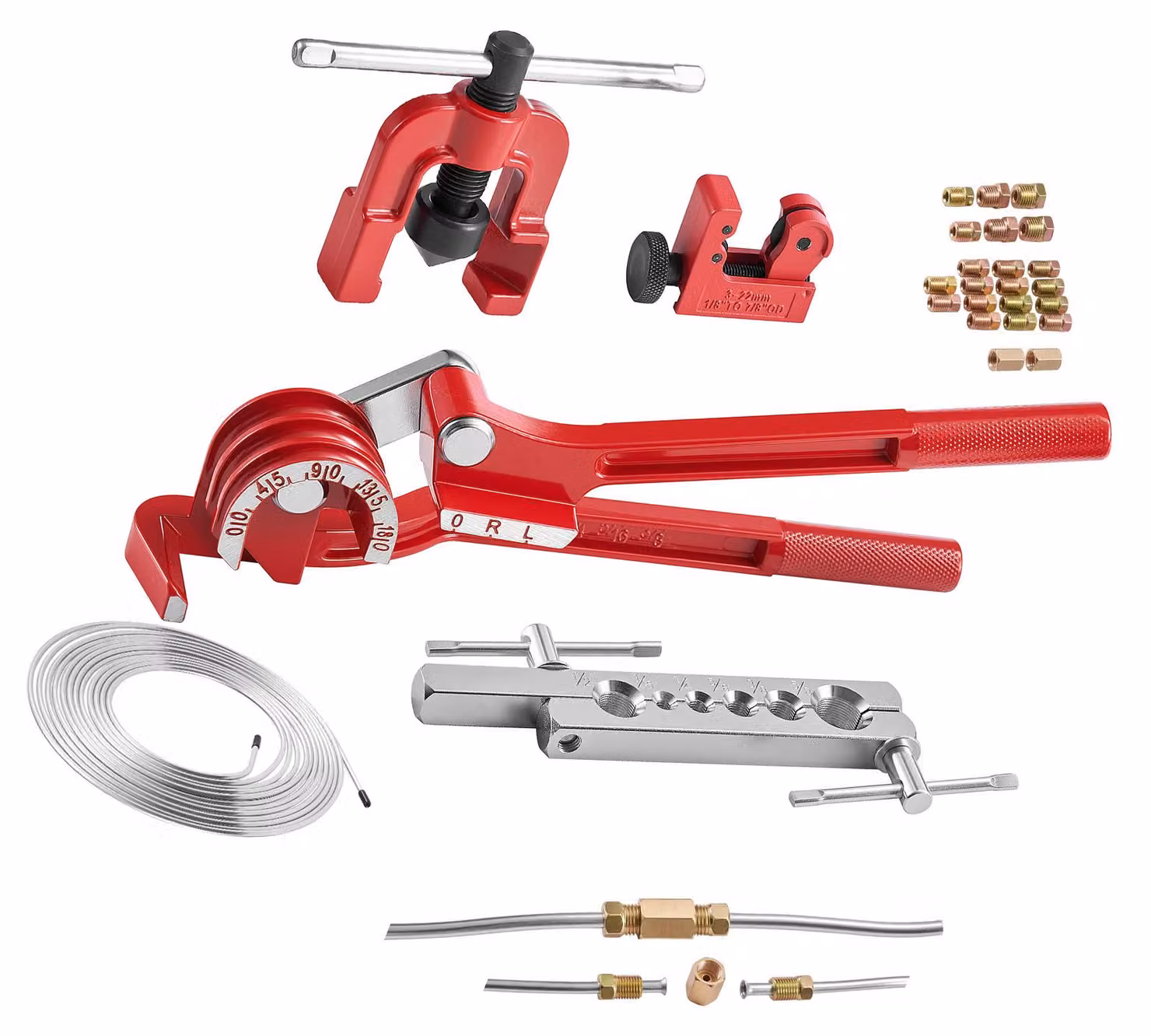 SucceBuy Set di 5 utensili per bordatura tubi freno, bordatrice a 45° con tubo freno da 7,6 m x 4,76 mm per bordatura singola, utensile per la lavorazione dei tubi con 20 raccordi, 2 connettori e piegatubi, kit di riparazione per veicoli