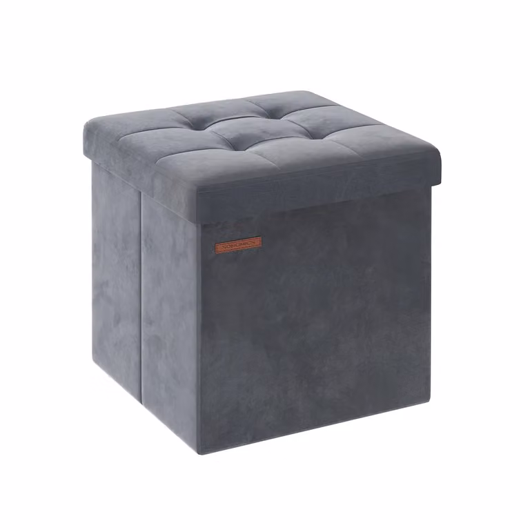 Cassapanca in Velluto Nero Inchiostro, Grigio Ardesia / 38 x 38 x 38 cm