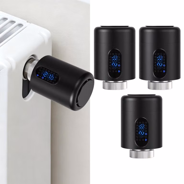 Set di 3 termostati per radiatori Ikodm, termostati smart Wi-Fi neri, controllo tramite app senza necessità di gateway, 7 adattatori per termostato