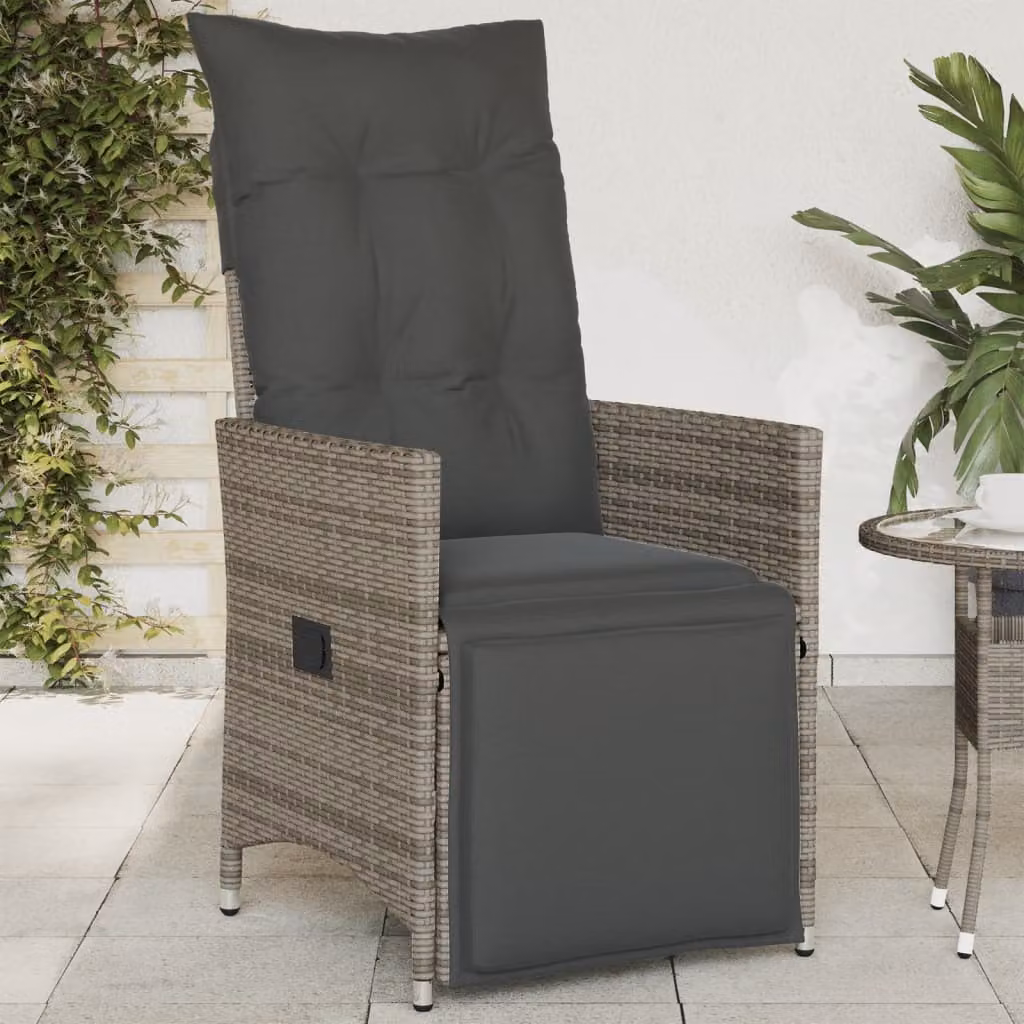 Sedia reclinabile da giardino con cuscini vidaXL in polyrattan grigia con braccioli