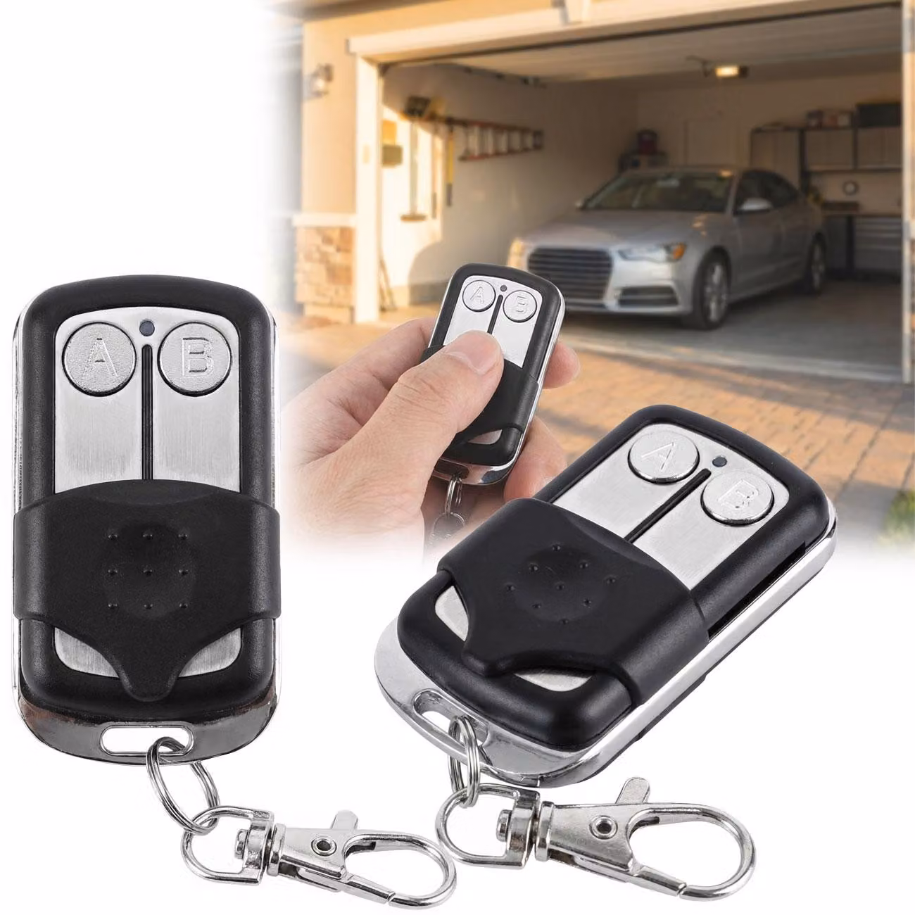 Set di 2 trasmettitori Funk a 433,92 MHz per porte garage con codice fisso, telecomando a 2 canali programmabile, modulazione AM/FM, inclusi portachiavi