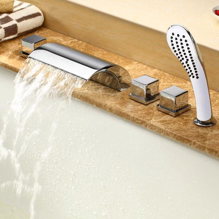 Set completo per rubinetto a cascata per vasca, composto da 5 pezzi, cromato, con doccetta manuale