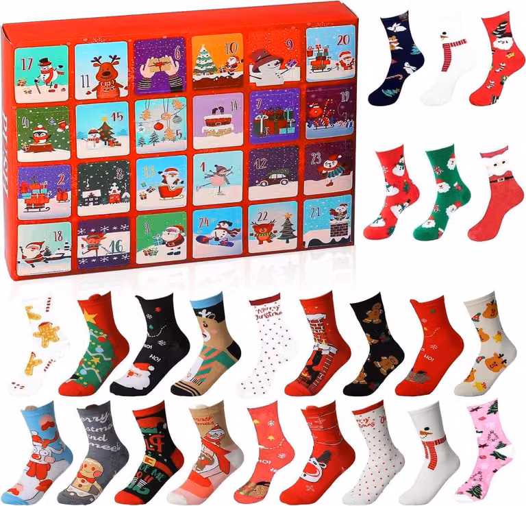 Calendario dell'Avvento con 12 paia di calze natalizie – Stili assortiti per uomo e donna – Calendario dell'Avvento di 12 giorni