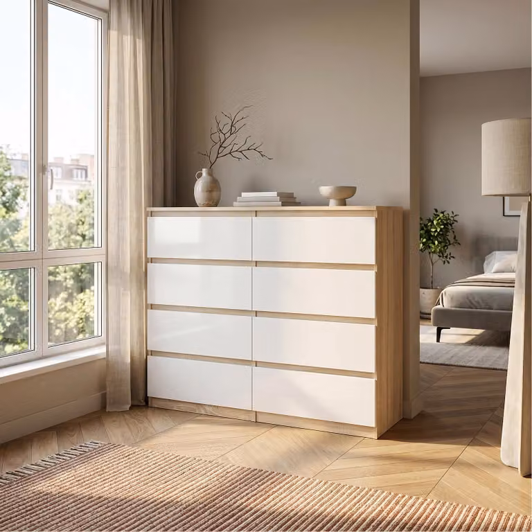 Comodà Masseno NUDO da 120 cm con 8 cassetti e ante, per soggiorno e camera da letto, stile moderno, 120x39x101,5 cm, rovere Sonoma / bianco