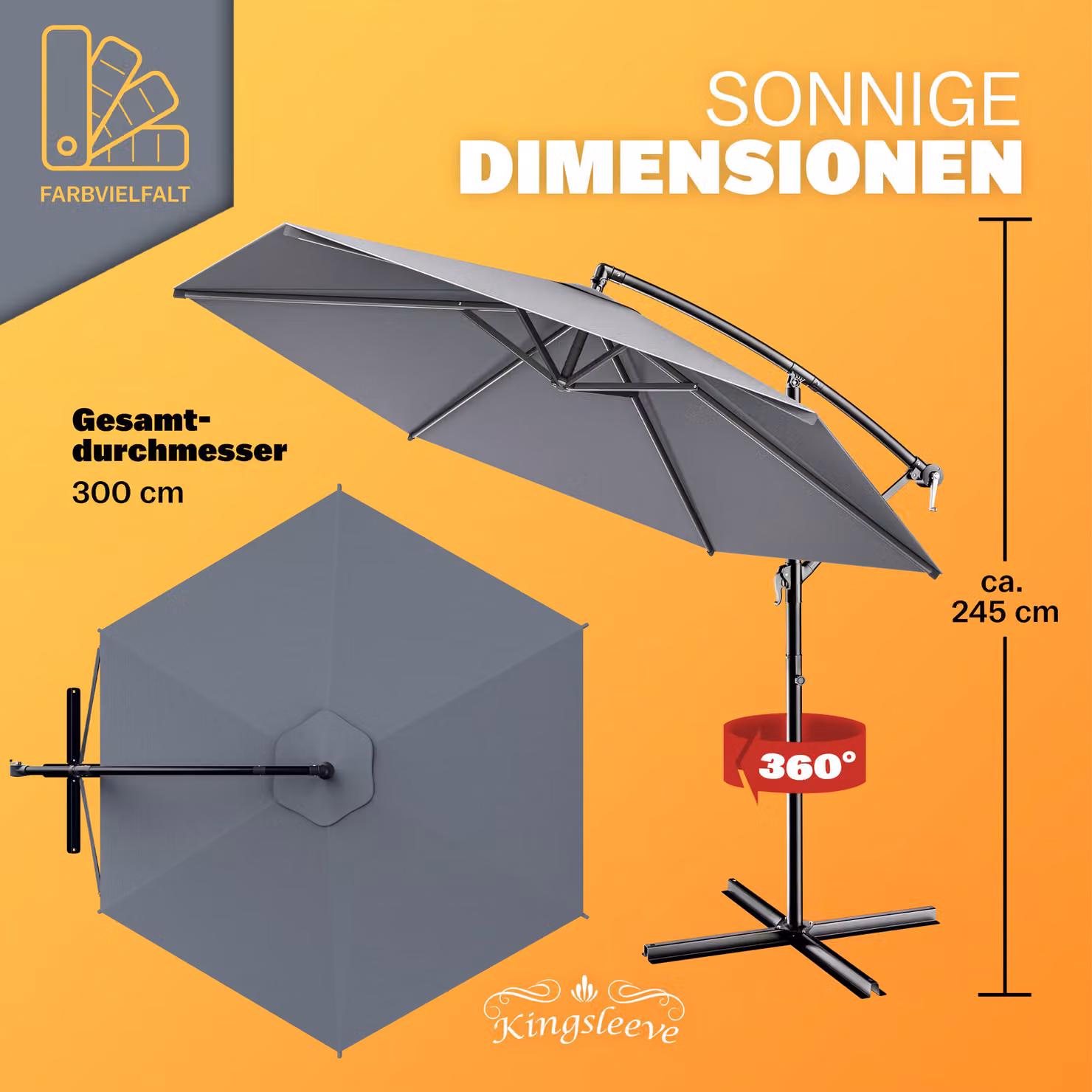 Ombrellone con braccio Kingsleeve colore antracite in alluminio e poliestere con protezione UPF 50+ Diametro: 300 cm – 3