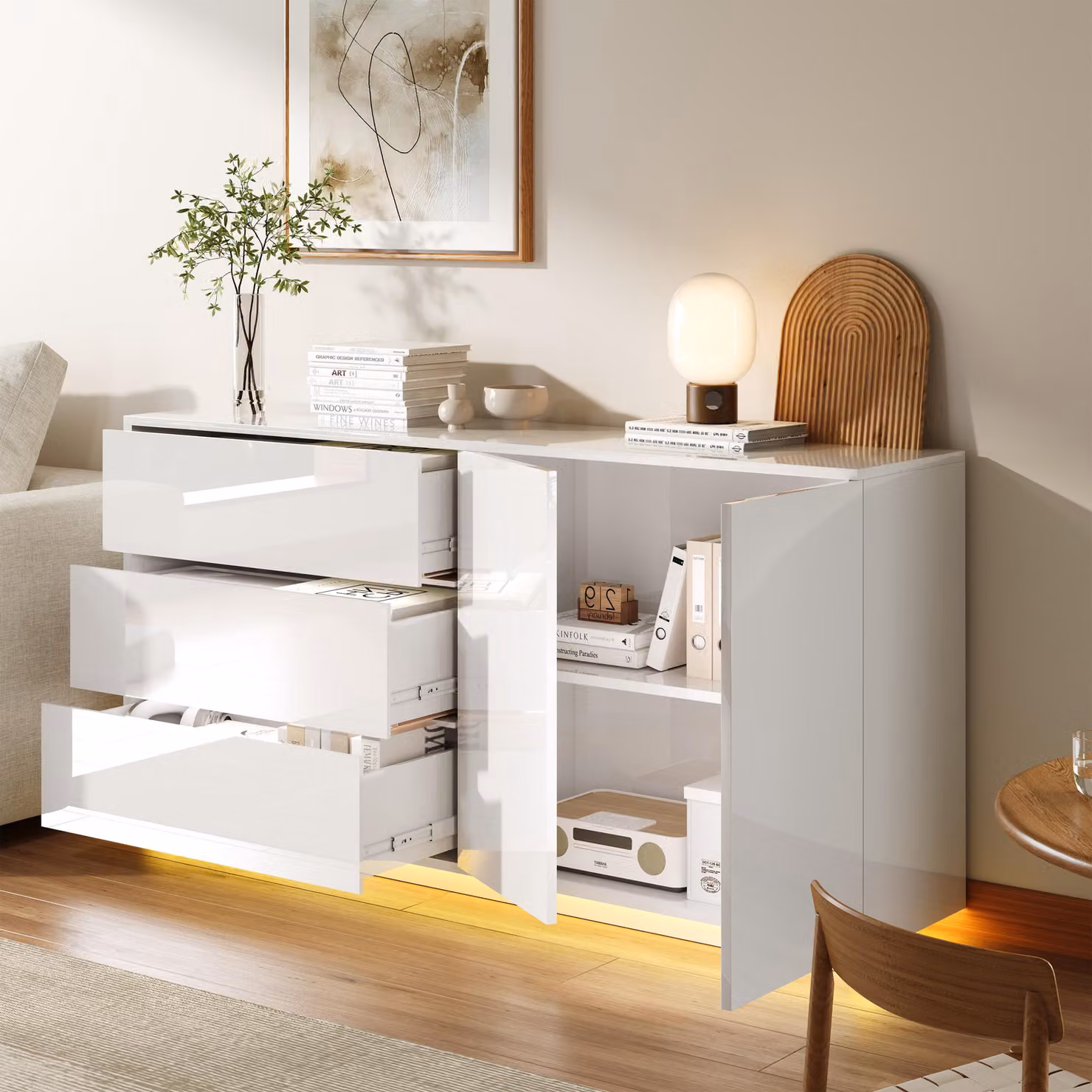 Credenza ProximaX 160x76x35 cm, bianco lucido con LED – 3 cassetti e 2 ante, mobile moderno per il soggiorno
