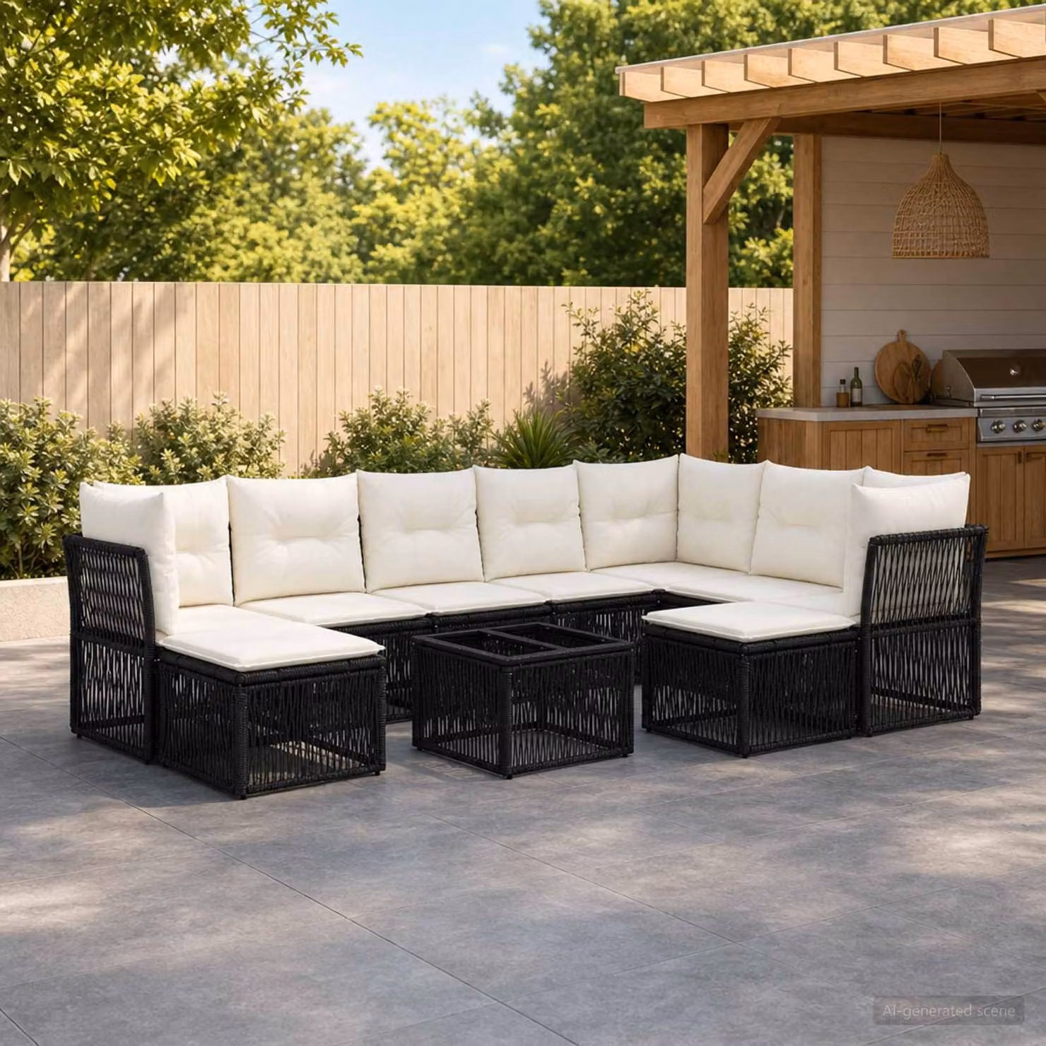 Set Divano da Giardino vidaXL 10 Pezzi a Forma di U in Polyrattan Nero con Cuscini e Tavolino