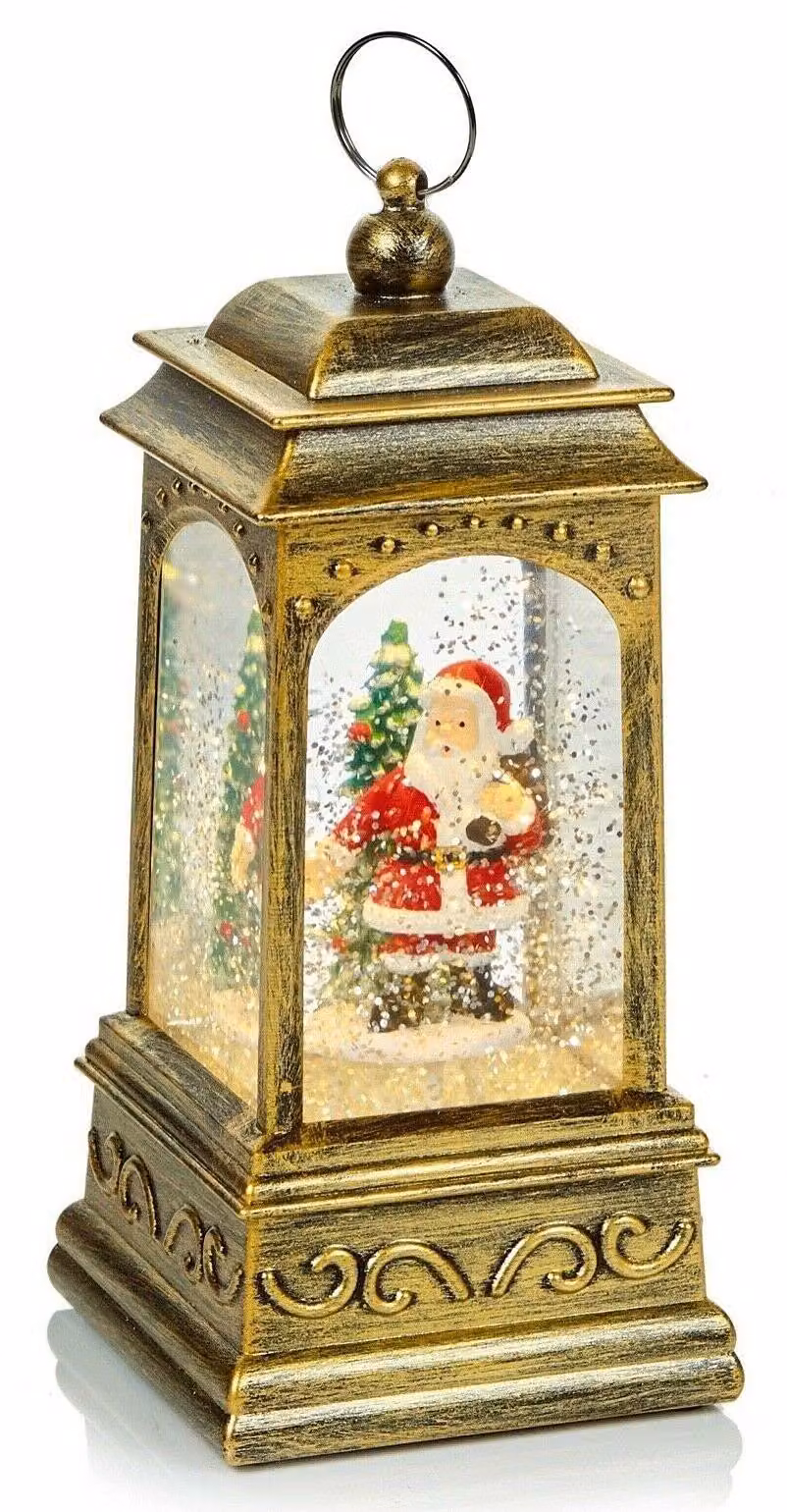 Lanterna a LED a forma di Babbo Natale e albero, con decorazioni scintillanti, 21 cm, color oro