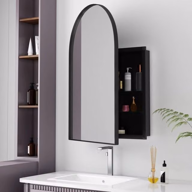 Mobile specchio ad arco WISHDOR per bagno o camera da letto, installazione a incasso o a parete, con ante in vetro e struttura in metallo nero, H: 101 cm, L: 72 cm, P: 18,5 cm