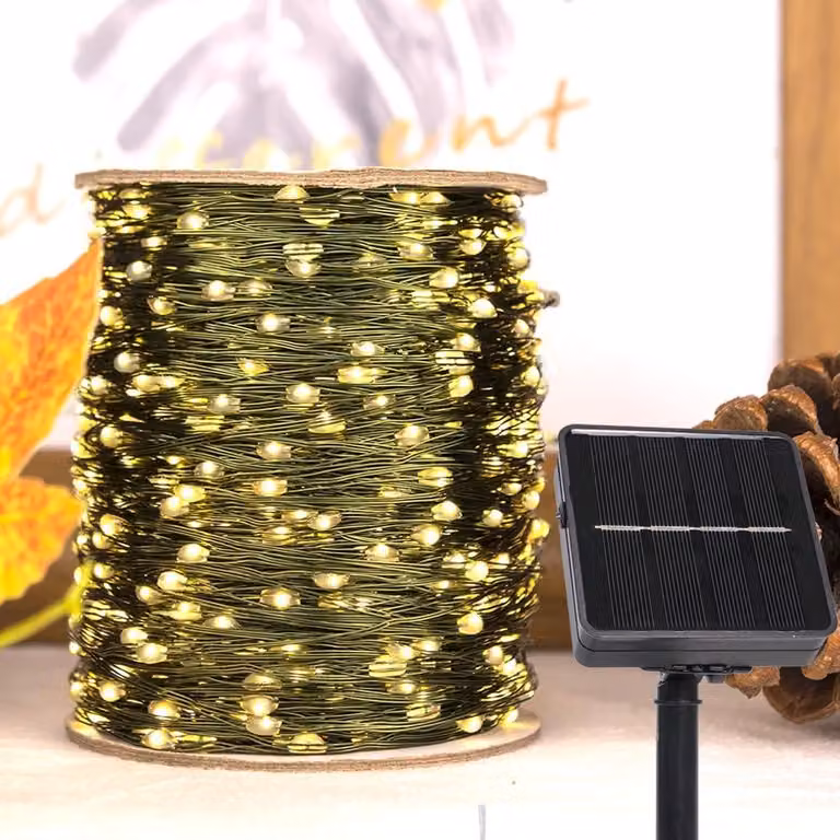 Catena luminosa solare, 12 metri, 240 LED, luce bianco caldo, 8 modalità, filo di rame