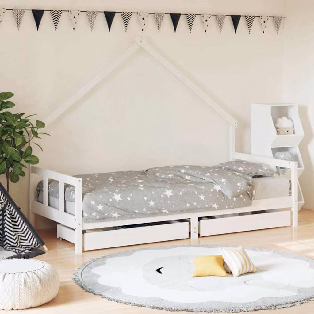 vidaXL Giroletto per Bambini in Legno di Pino Massello Bianco con Cassetti L/P/H: 200 x 90 x 163,5 cm