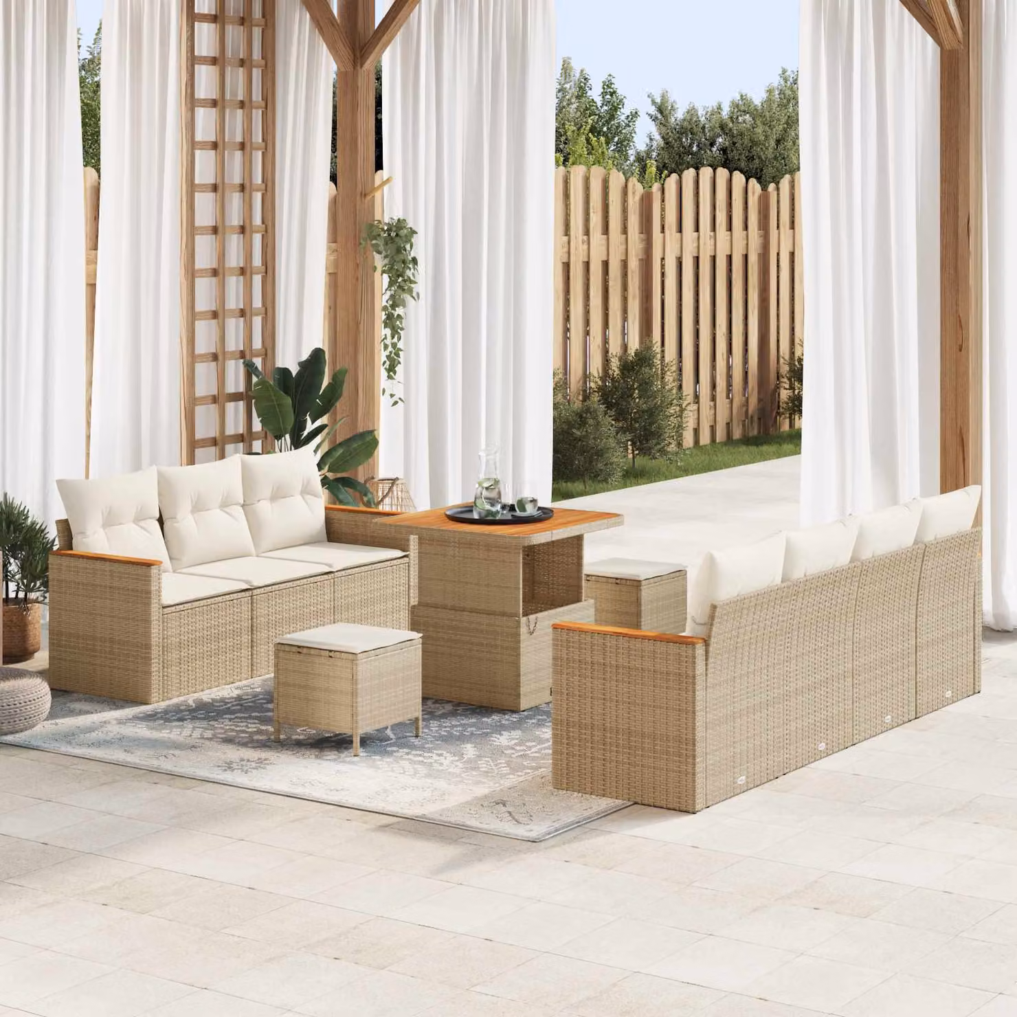Set Divano da Giardino vidaXL 10 Pezzi in Polyrattan Beige con Cuscini e Tavolino – 1