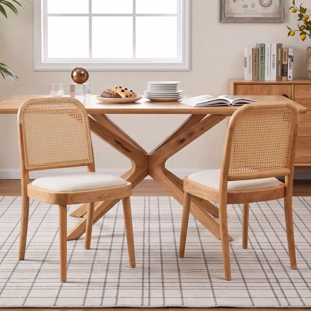 Set di 2 sedie da pranzo Mivray in legno con schienale in rattan e seduta imbottita in lino colore marrone e beige