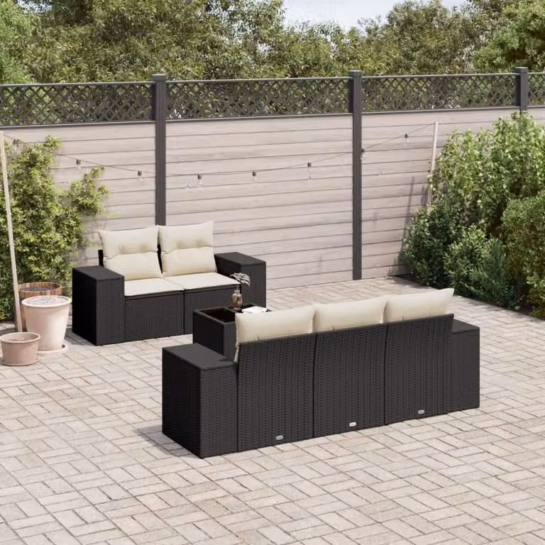 Set Divano da Giardino a L vidaXL 6 pz in Polyrattan Nero con Cuscini e Tavolino