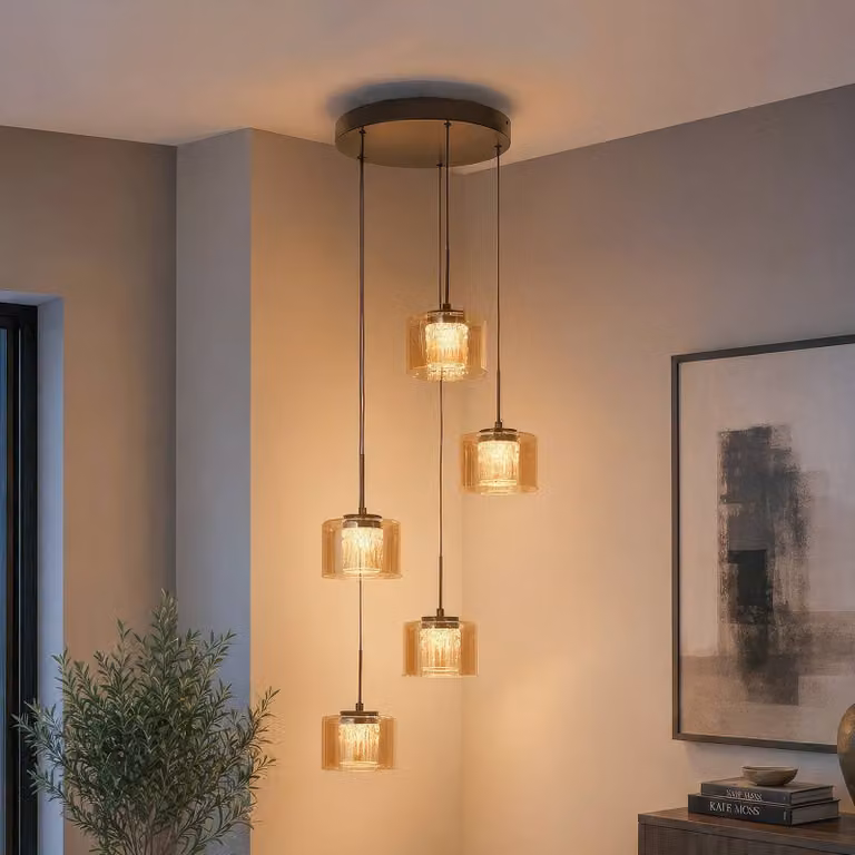 Searchlight Lampada a sospensione Tumblers, dimmerabile, Crema / Ambra, Soggiorno / Sala da pranzo, Alluminio, Lampada a sospensione