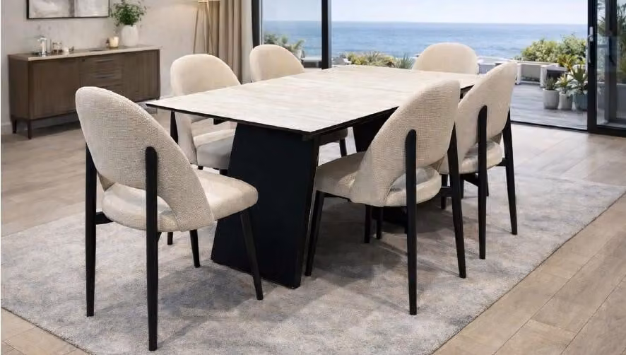 Tavolo da pranzo con 6 sedie, stile moderno, colore beige, pratico e confortevole