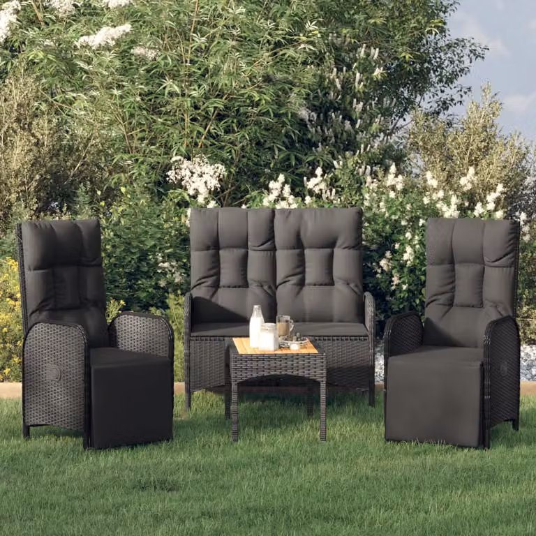 Set da Pranzo da Giardino vidaXL in Polyrattan e Legno di Acacia Nero con 4 Cuscini