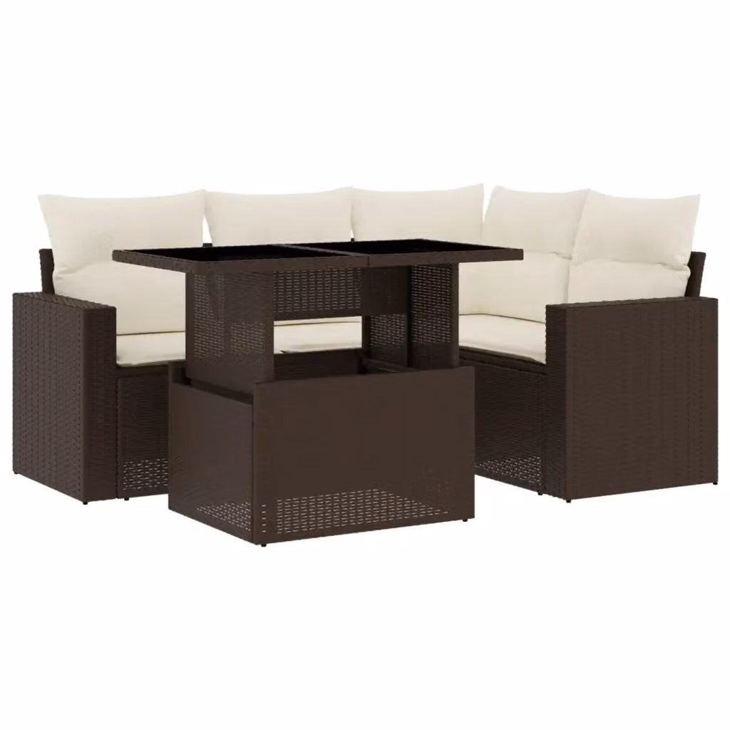 vidaXL Set Divano da Giardino a L 5 pz Marrone e Bianco con Cuscini e Tavolino in Polyrattan e Metallo – 2